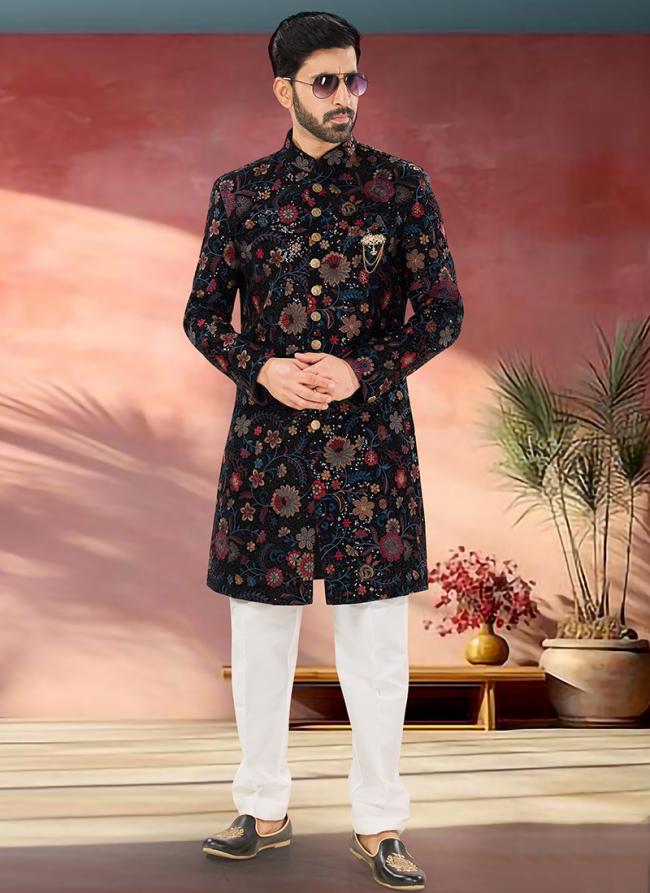 Velvet Multi Color Wedding Wear Embroidery Work Readymade Sherwani